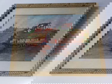 Vintage Amateur Watercolor Inez Morrison Boat House Scene