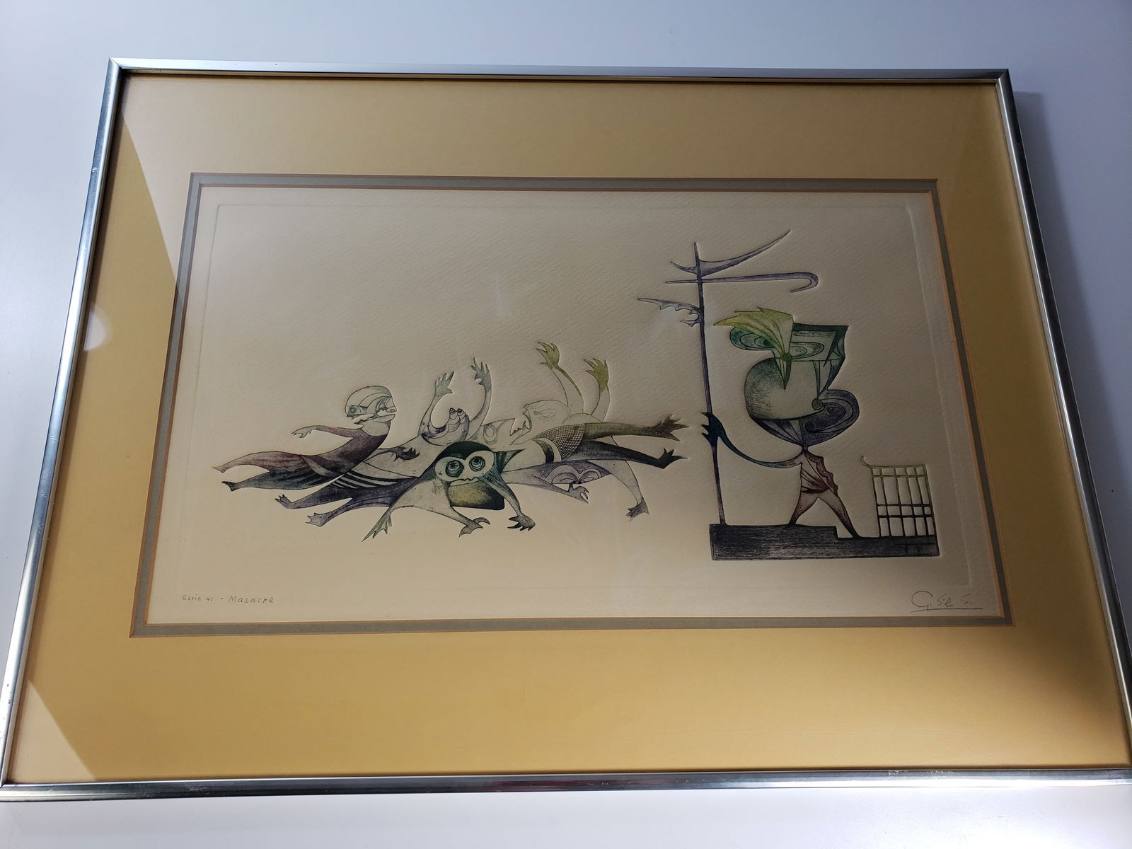 Modernist Embossed Print Massacre Scene Signed Guillermo Silva Santamaria: Diverse selection of art from multiple estates including original works, major artists, amateur works, signed prints, needlepoint, maps, engravings and more. Many items are framed, expect some scuffin