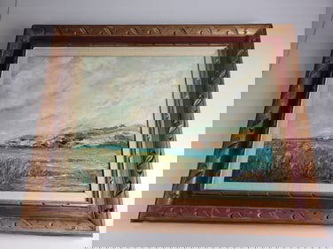 Mid Century Oil on Canvas Seaside Scene Unsigned