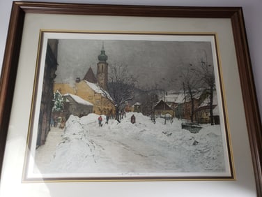 Luigi Kasimir Grinzing Signed Print Snowy Village