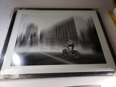 Large Cyclist in the City Photograph Professionally Framed