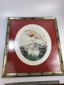 Louis Icart Signed Print Lady with Parasol (some brown spotting)