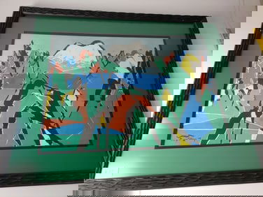 Vintage Block Print Abstract Mt Ranier Signed Illegible