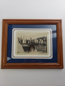 Antique Framed Etching Sailboat Harbor Unknown Artist Signed