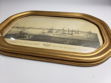 Domed Glass Frame Engraving of Naval Scene