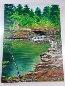 Wilderness Scene Oil on Canvas Signed Birto Faun Deen Wolf