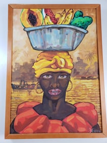 Abstract African Woman and Fruit Basket on Canvas Signed Herrera Columbia