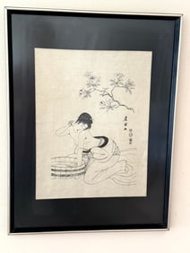 Japanese Ink Drawing Woman Bathing