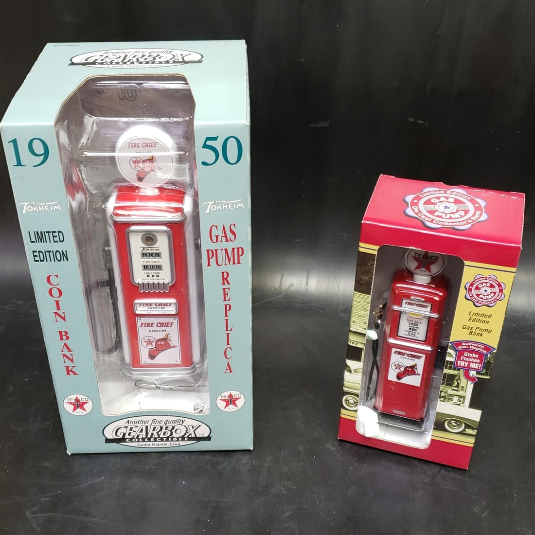 Gearbox Collectible Gas Pumps - Fire Chief: "Fresh to market from a lifetime collector. A nice selection of vintage tin and pressed steel along with die cast model and car related ephemera. All measurements are approximate.