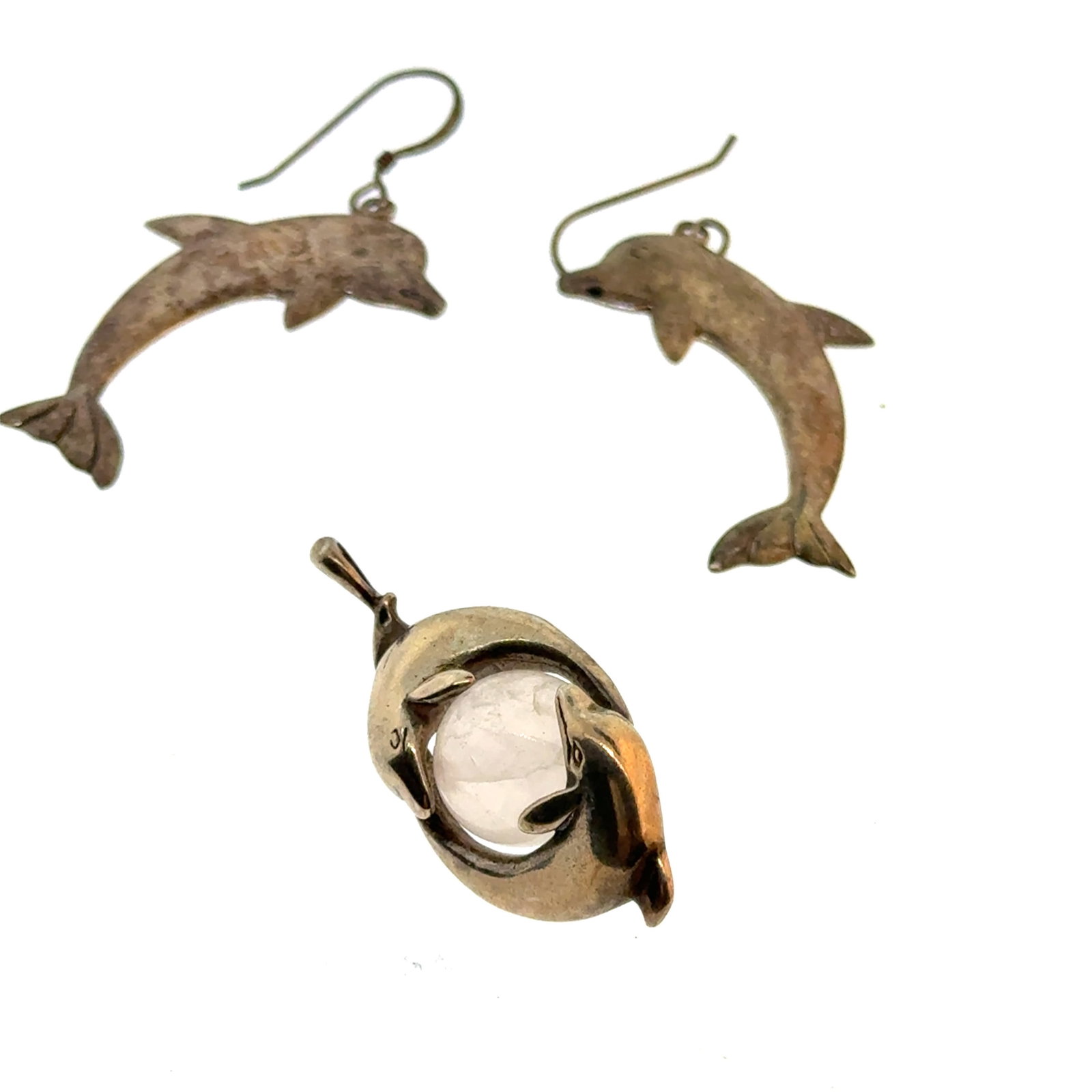 Sterling Silver Dolphin Earrings and Pendant with Stone - 10.1g: A wonderful selection of estate jewelry including some antique heirloom pieces with family provenance. Item weights and dimensions are approximate. 4"x4"x4" 8oz shipping weight and dimensions.All weig