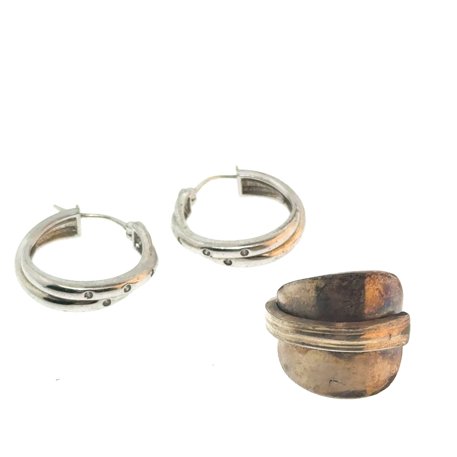 Sterling Spoon Ring Size 8.5 and Sterling Earrings - 18.3g: A wonderful selection of estate jewelry including some antique heirloom pieces with family provenance. Item weights and dimensions are approximate. 4"x4"x4" 8oz shipping weight and dimensions.All weig