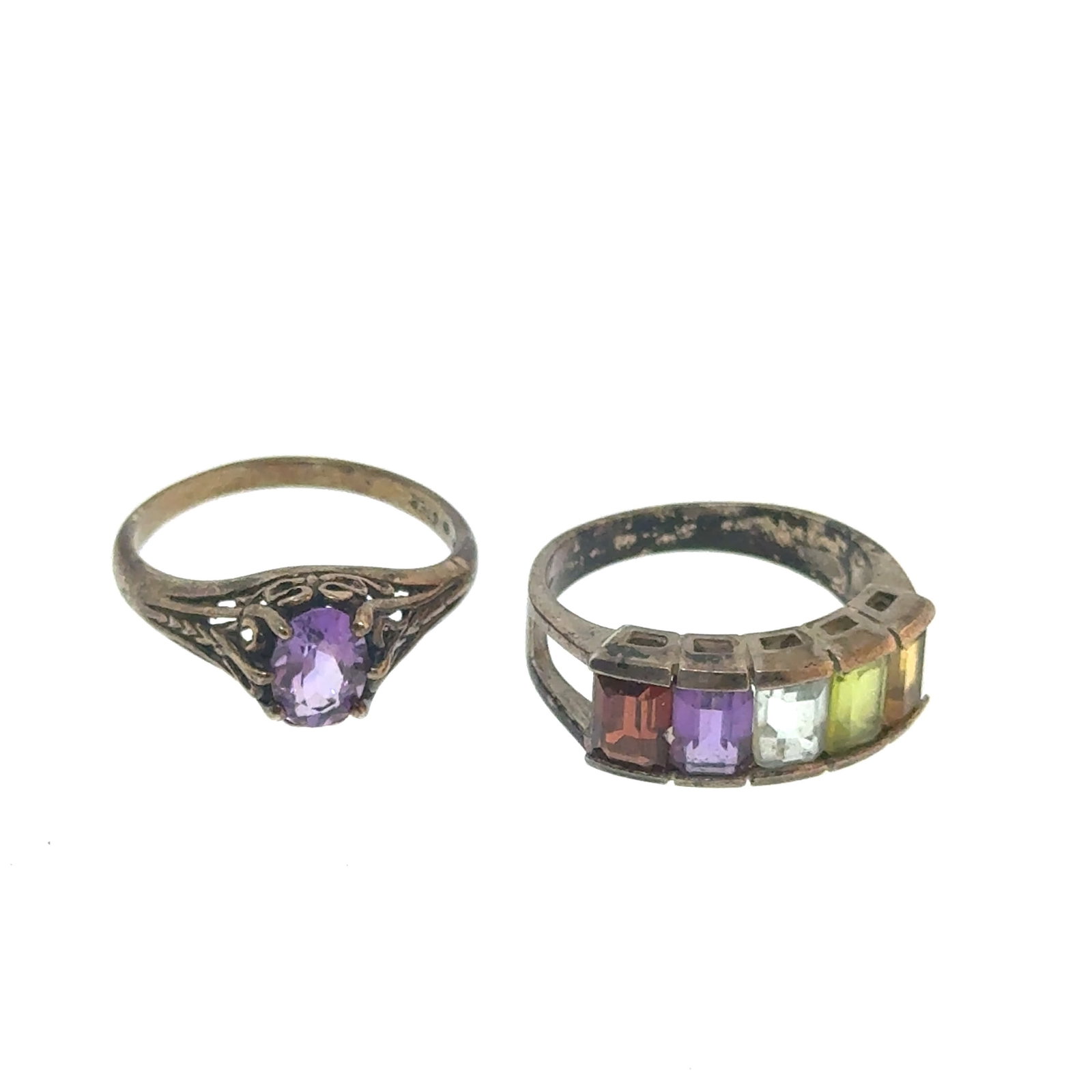 Pair of Sterling and Semi-Precious Stone Rings Size 7.5 - Amethyst, Citrine, Garnet - 5.7g: A wonderful selection of estate jewelry including some antique heirloom pieces with family provenance. Item weights and dimensions are approximate. 4"x4"x4" 8oz shipping weight and dimensions.All weig