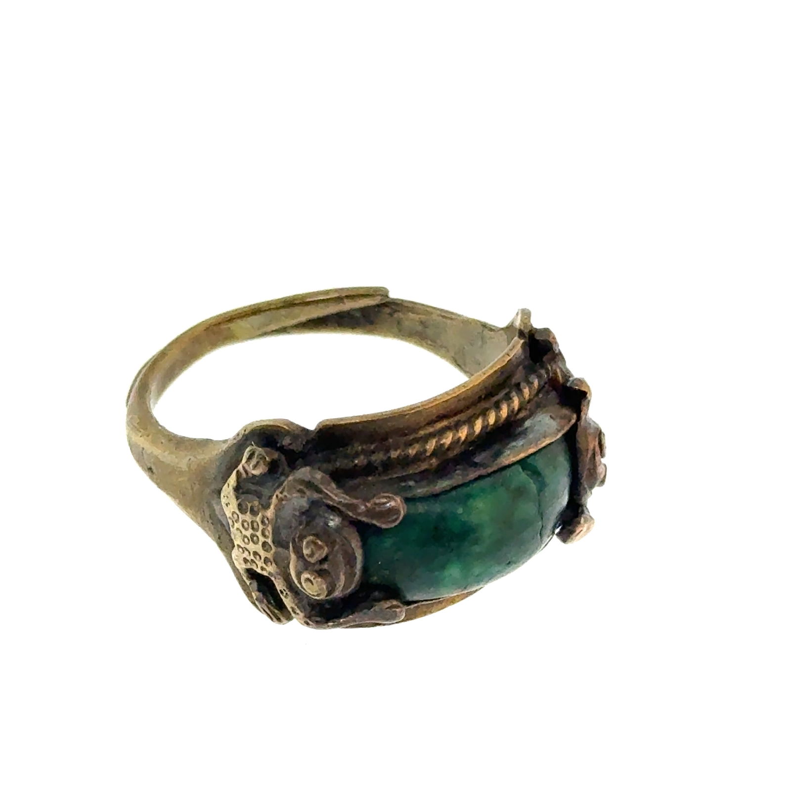 Antique Silver and Gold Wash Malachite Ring from China with Family Note - g: A wonderful selection of estate jewelry including some antique heirloom pieces with family provenance. Item weights and dimensions are approximate. 4"x4"x4" 8oz shipping weight and dimensions.All weig