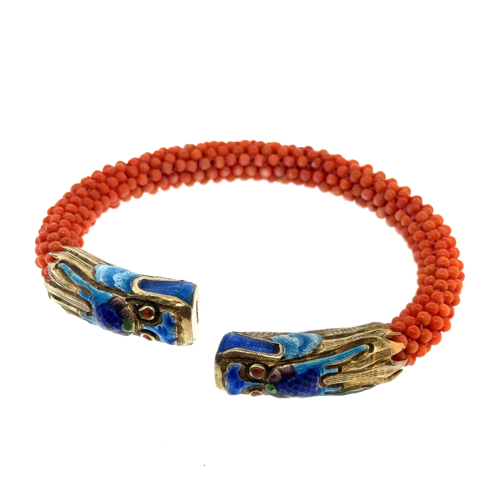 Antique Chinese Woven Orange Coral Bracelet with Sterling Dragons with Family Note - g (1 of 6)