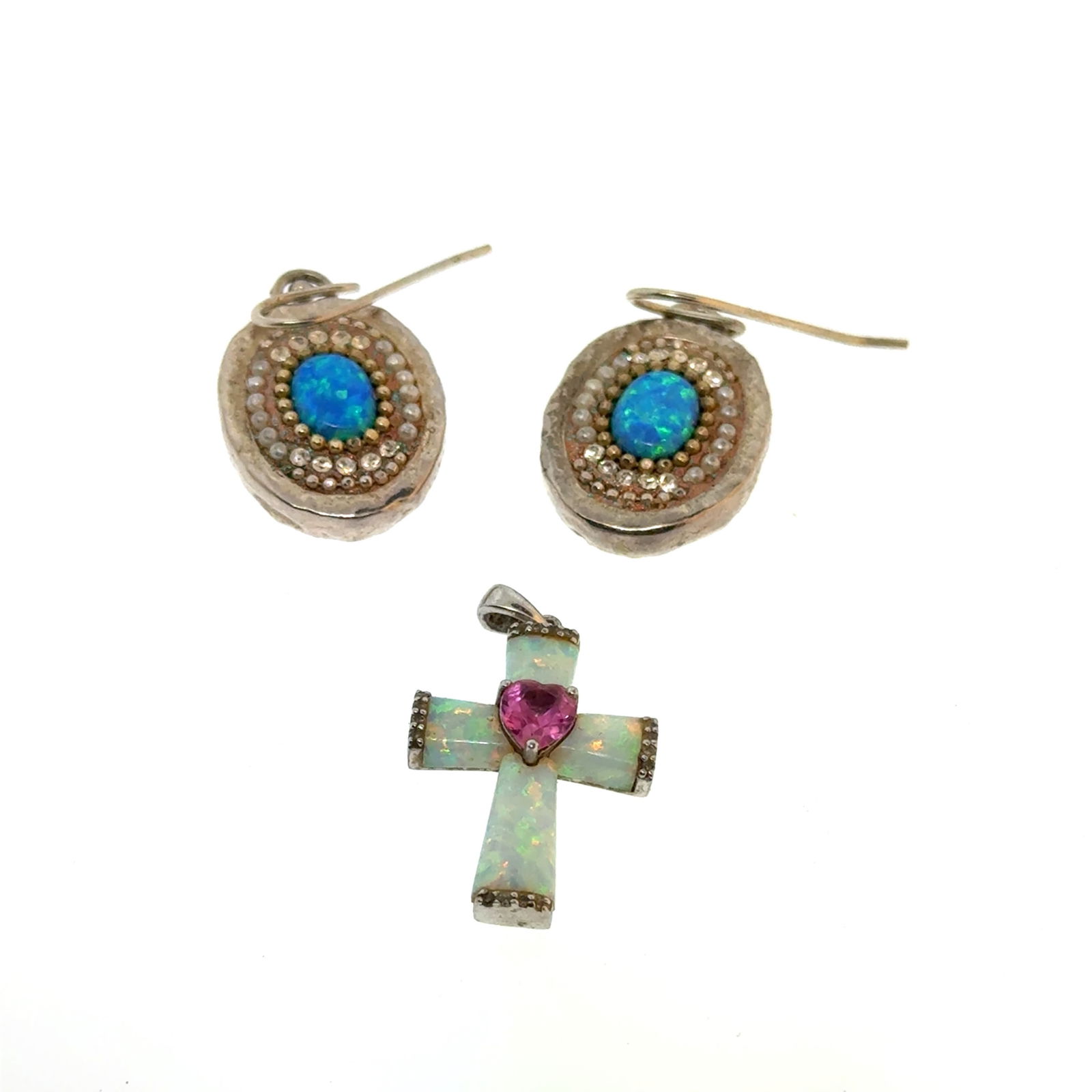 Sterling and Opal Earrings (Israel) + Opal and Ruby Cross - 7.7g (1 of 5)