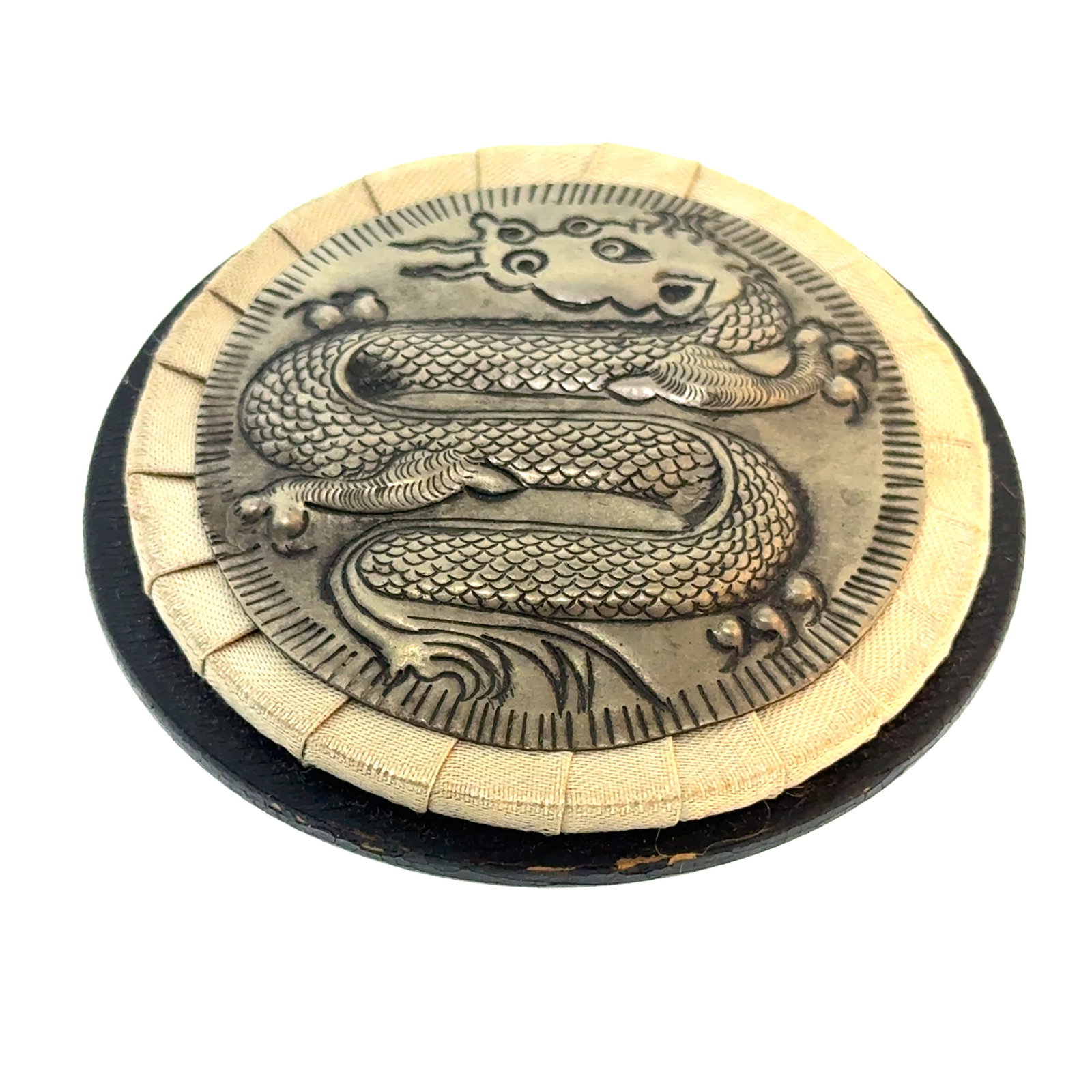 Repousse Dragon Brooch on White Metal on Wood no pin - g: A wonderful selection of estate jewelry including some antique heirloom pieces with family provenance. Item weights and dimensions are approximate. 4"x4"x4" 8oz shipping weight and dimensions.All weig