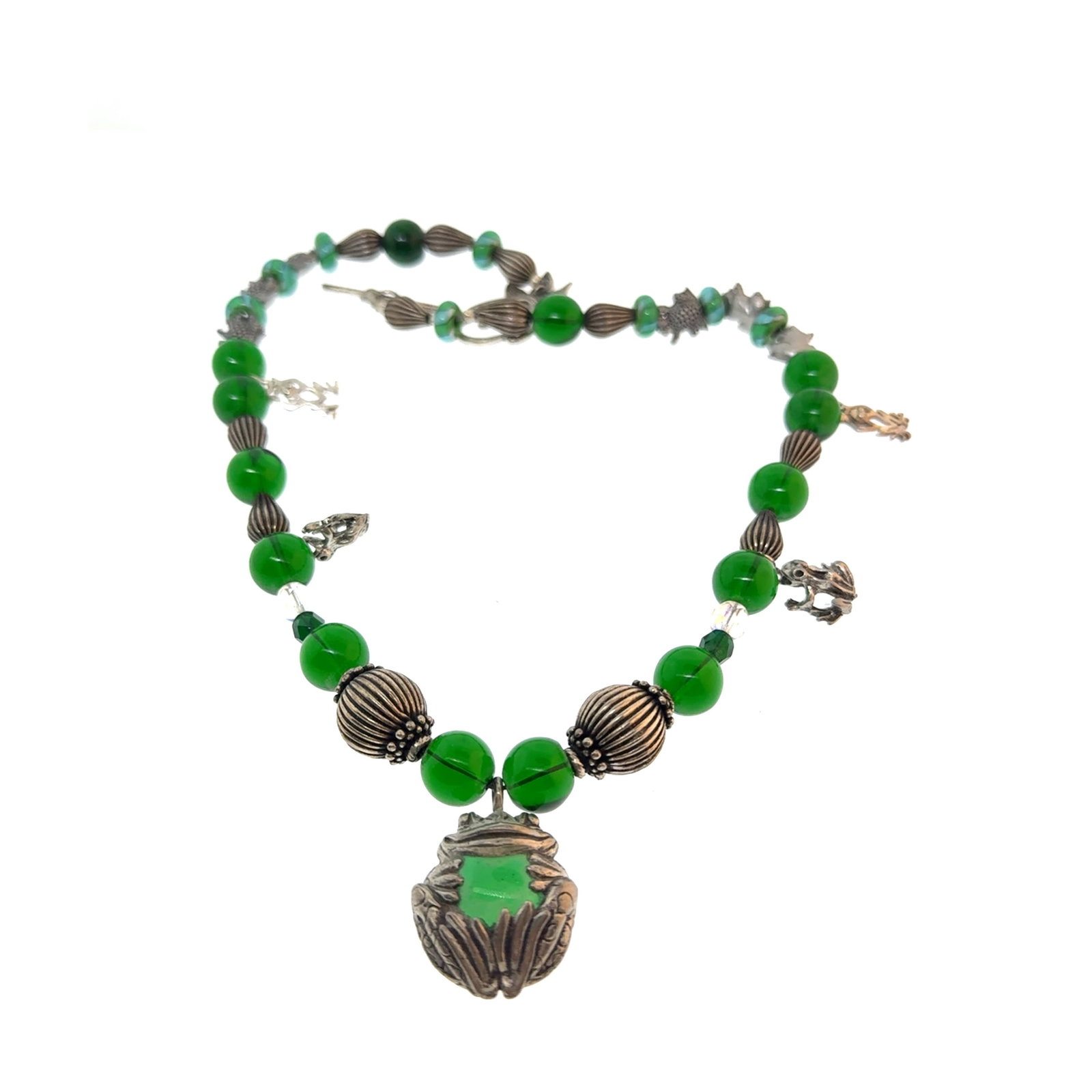 Sterling and Green Glass Bead Neclace with Frog Charms - g: A wonderful selection of estate jewelry including some antique heirloom pieces with family provenance. Item weights and dimensions are approximate. 4"x4"x4" 8oz shipping weight and dimensions.All weig
