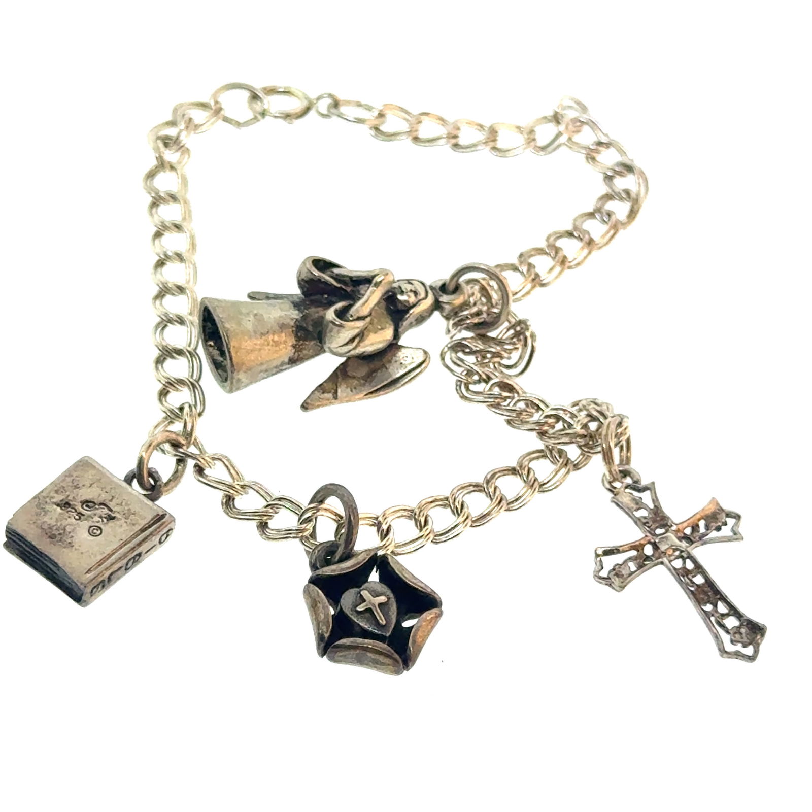 Sterling Silver Charm Bracelet - Bible Angel Cross Sacred Heart - 10.9g (1 of 4)