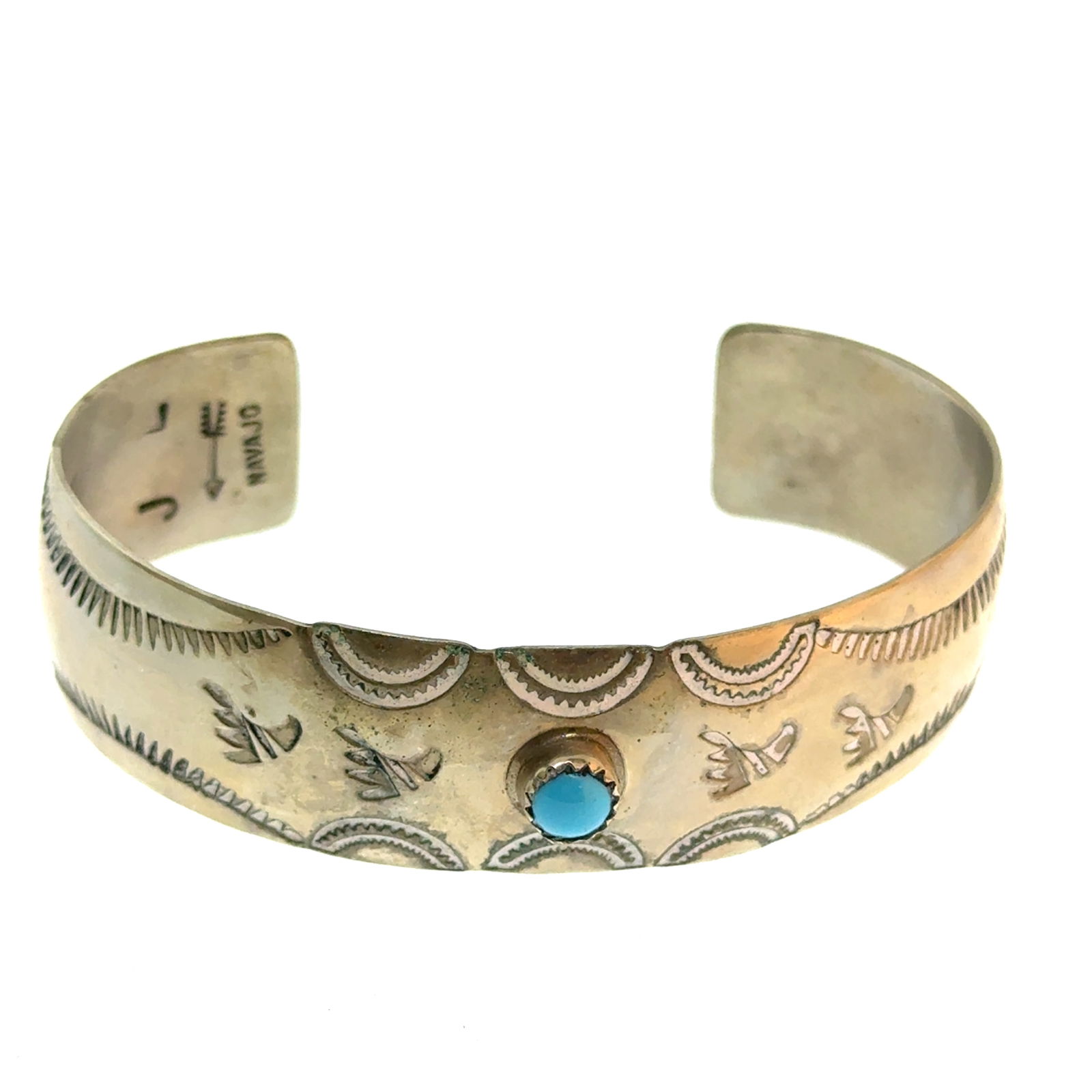 Navajo Silver and Turquoise Cuff Bracelet Signed JL - 68x18mm - 0.7 oz (1 of 4)