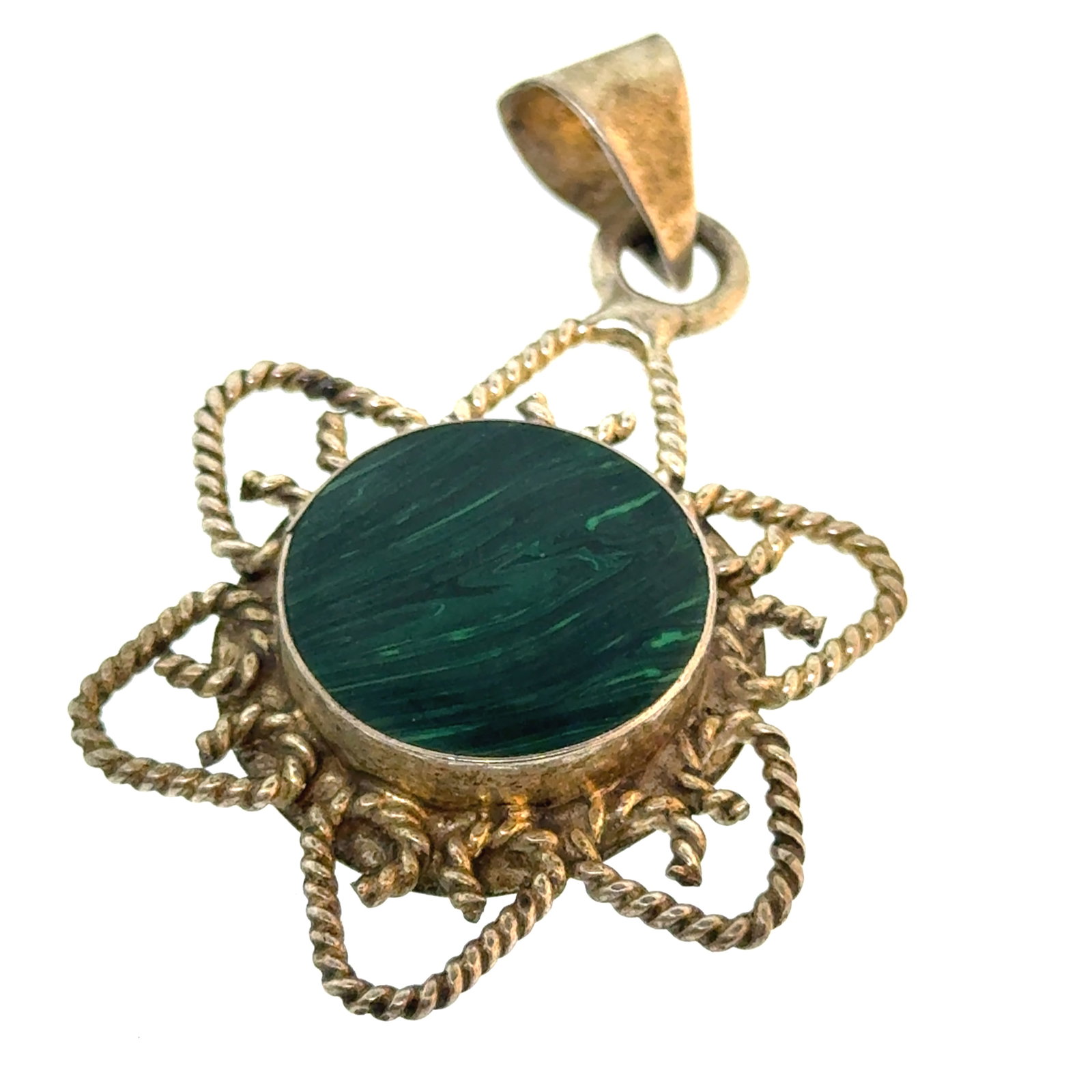 Mexico Sterling and Malachite Pendant - - oz: "This is a continuation of our Pro Jeweler's Estate auctions. This auction includes his personal bolo tie collection as well as several of his own art jewelry pieces. There are other Southwest styled 