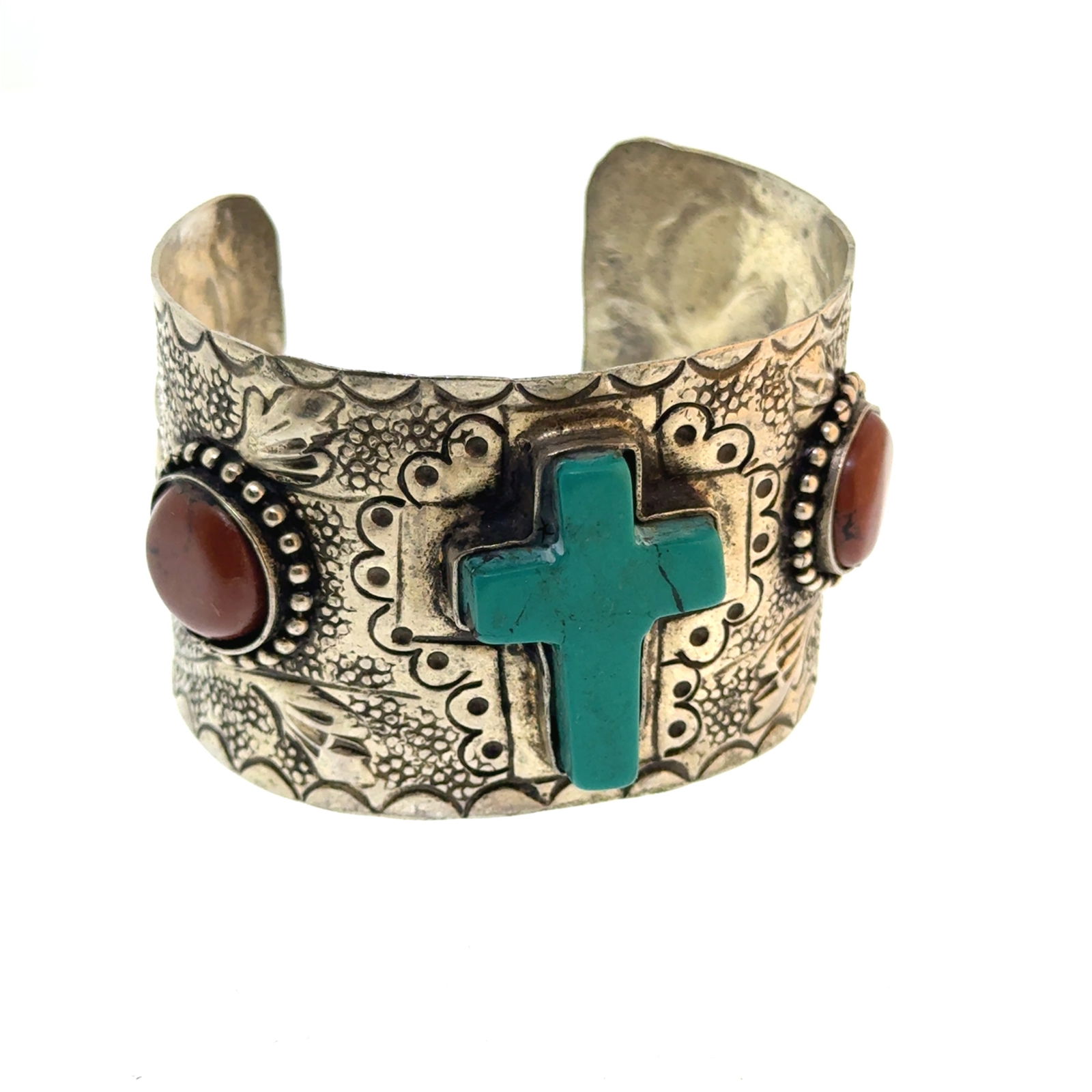 White Metal, Turquoise and Red Stone Cross Cuff Bracelet Unsigned - 66x45mm - 2.3 oz (1 of 5)