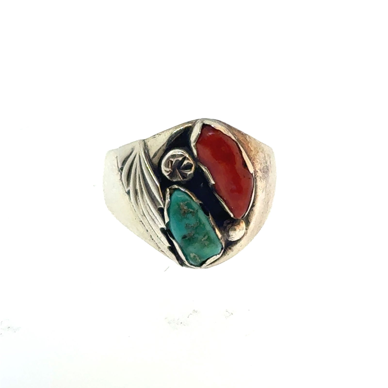 Native White Metal Turquoise and Coral Ring RNR Size 8.5 -  -  oz (1 of 4)