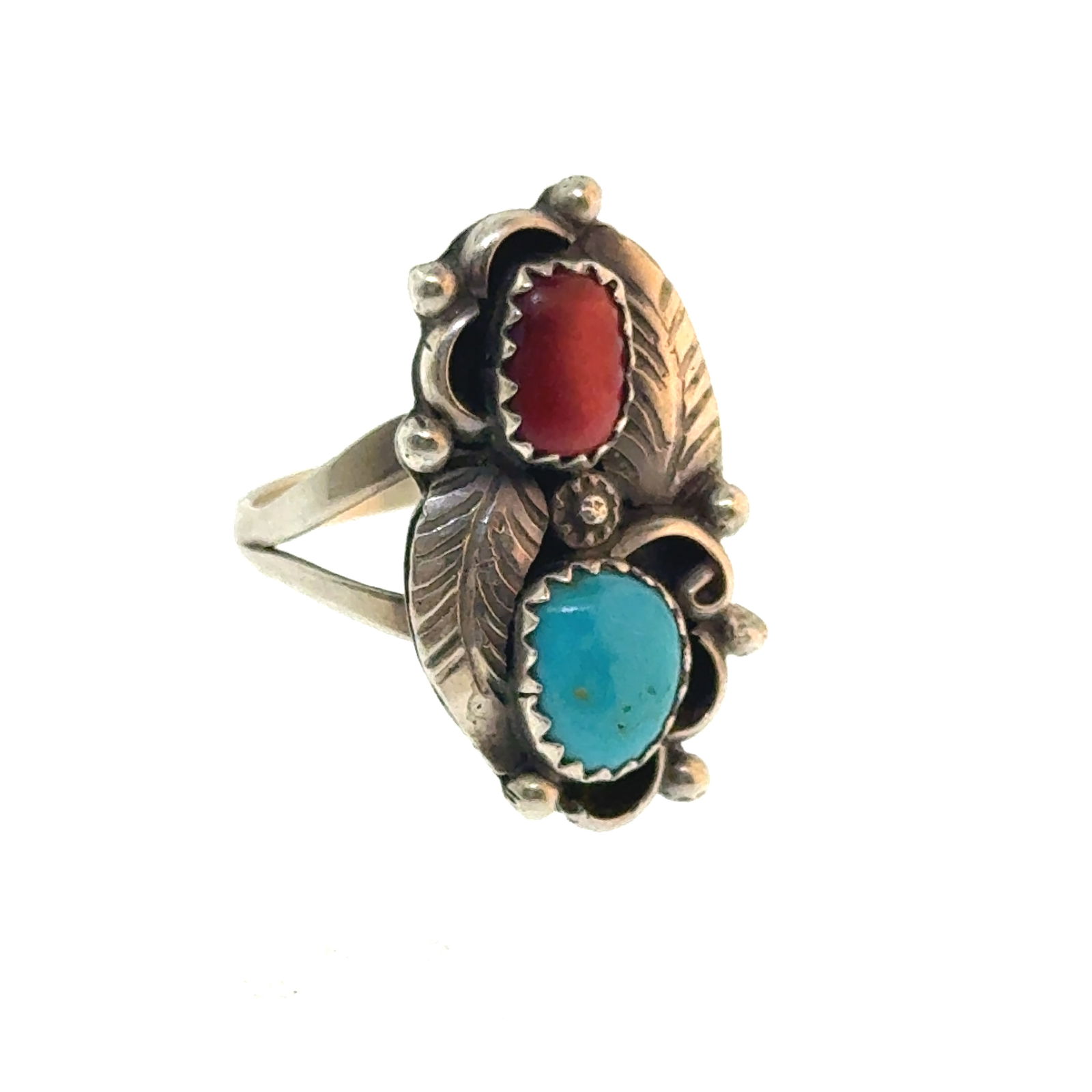 Sterling Silver with Turquoise and Coral Ring Signed E Martin Size 6 -  -  oz (1 of 4)