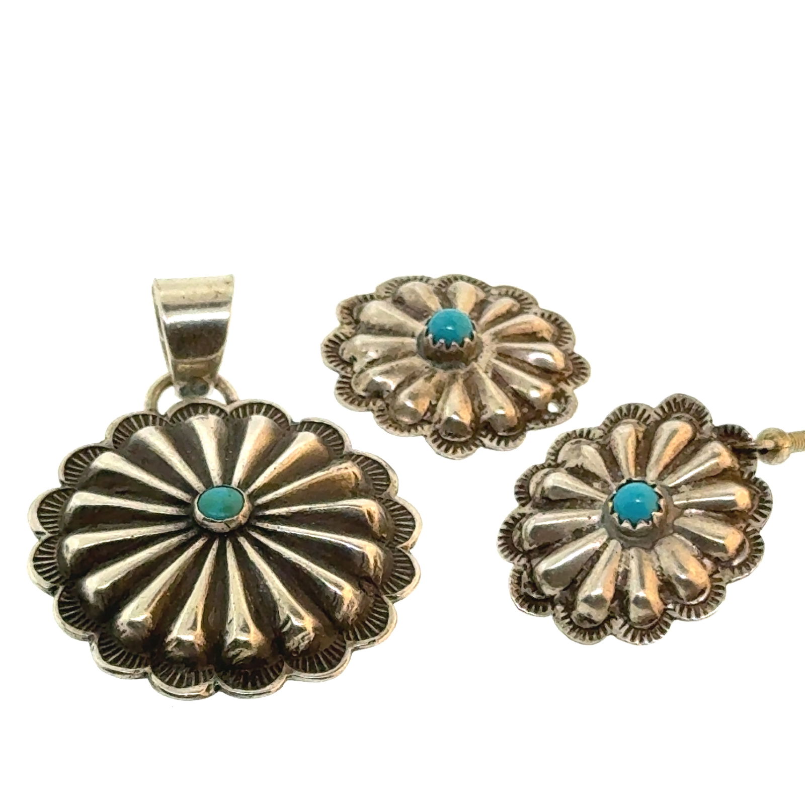 Native Sterling and Turquoise Concho Pendant and Earrings (one hook missing) - 30mm - 0.4 oz (1 of 4)