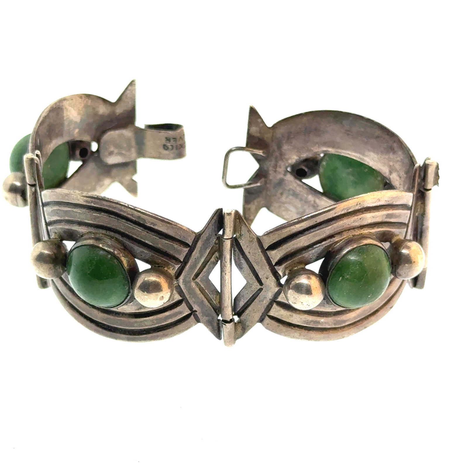 Mexico Sterling Silver and Malachite Link Bracelet (one broken link) - 150x28mm - 1.9 oz: "This is a continuation of our Pro Jeweler's Estate auctions. This auction includes his personal bolo tie collection as well as several of his own art jewelry pieces. There are other Southwest styled 