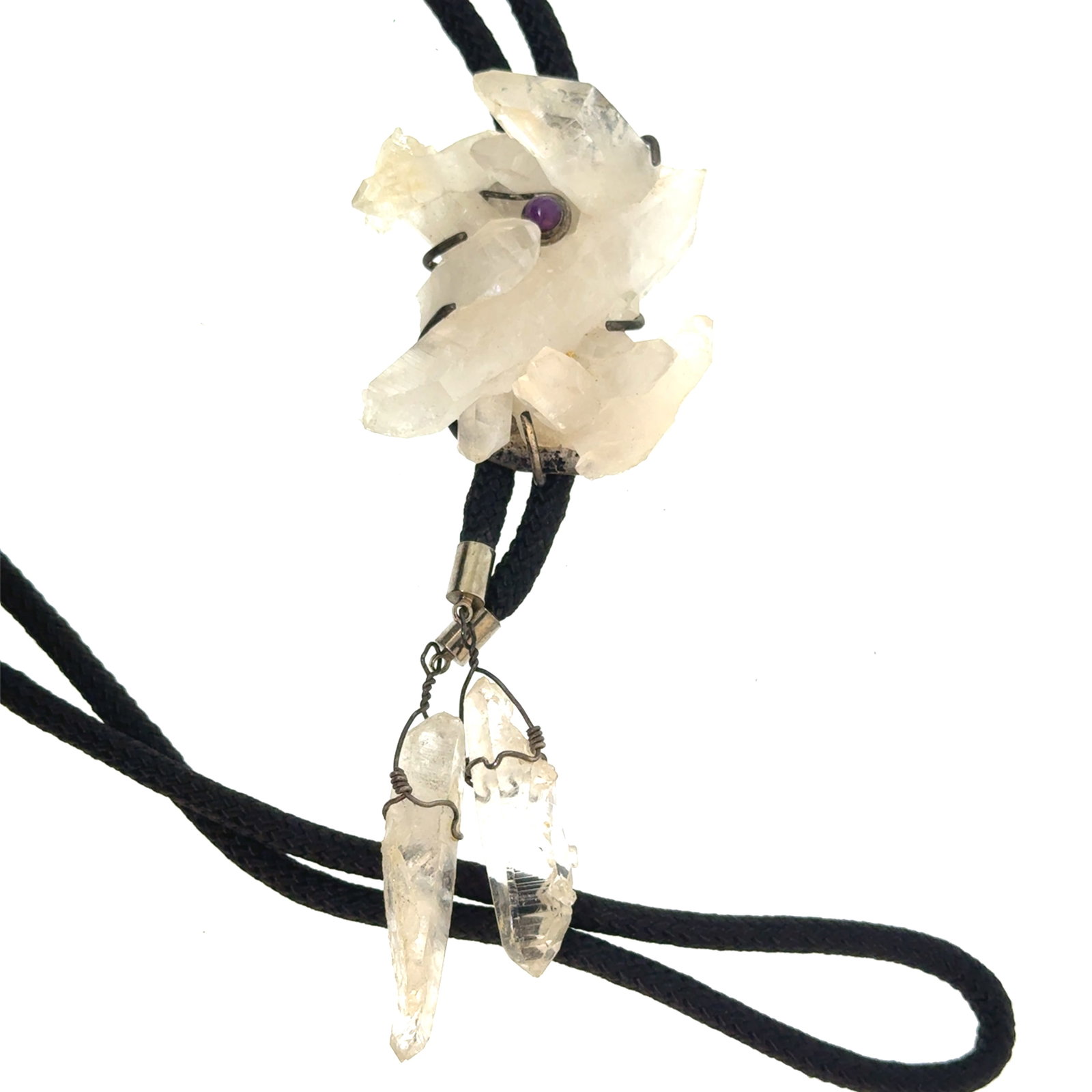 Quartz Cyrstal and Amethyst Bolo Tie - 49x46mm - oz: "This is a continuation of our Pro Jeweler's Estate auctions. This auction includes his personal bolo tie collection as well as several of his own art jewelry pieces. There are other Southwest styled 