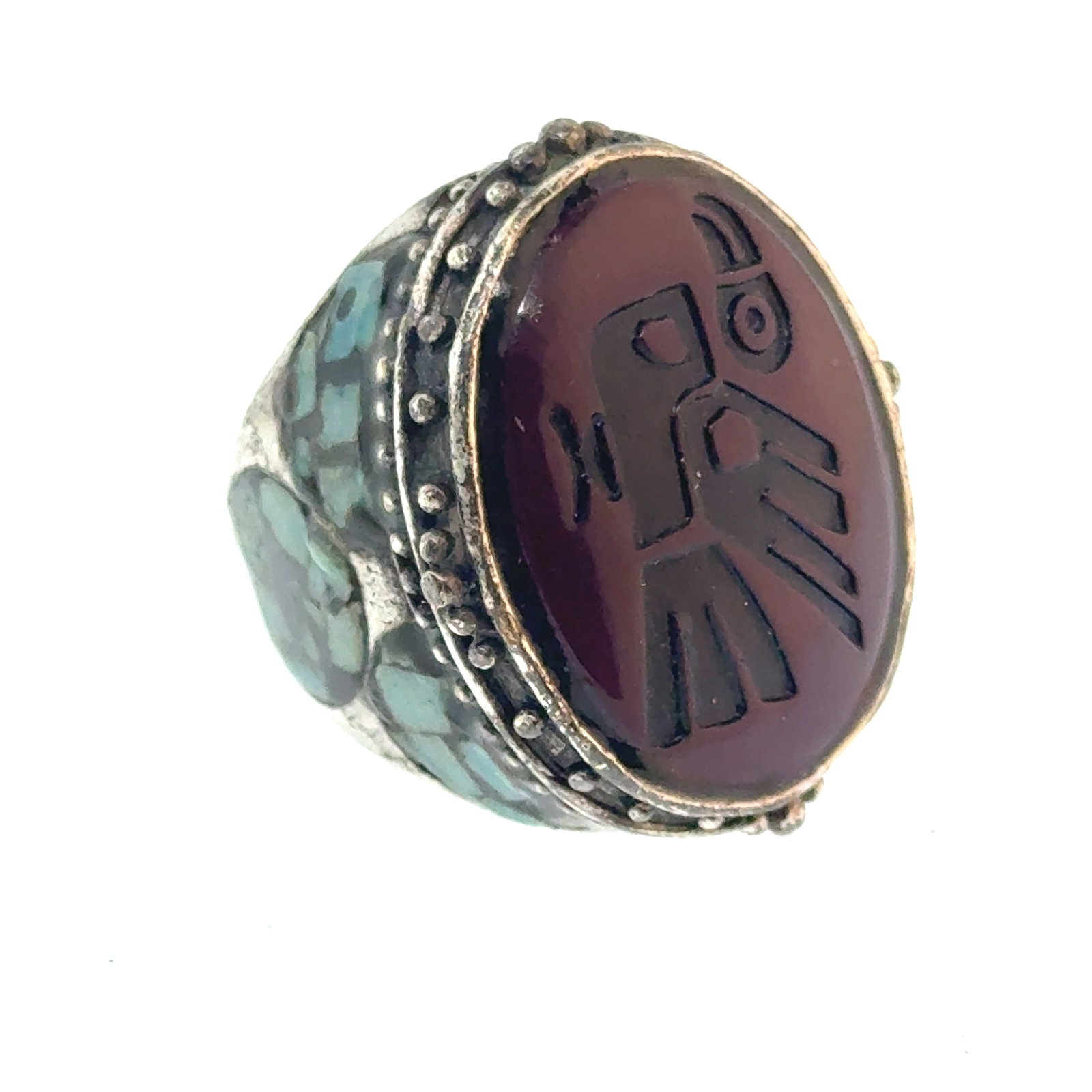 Tribal Carved Agate and Silver Ring with Turquoise Inlay Size 5.5 -  - 0.7 oz (1 of 4)