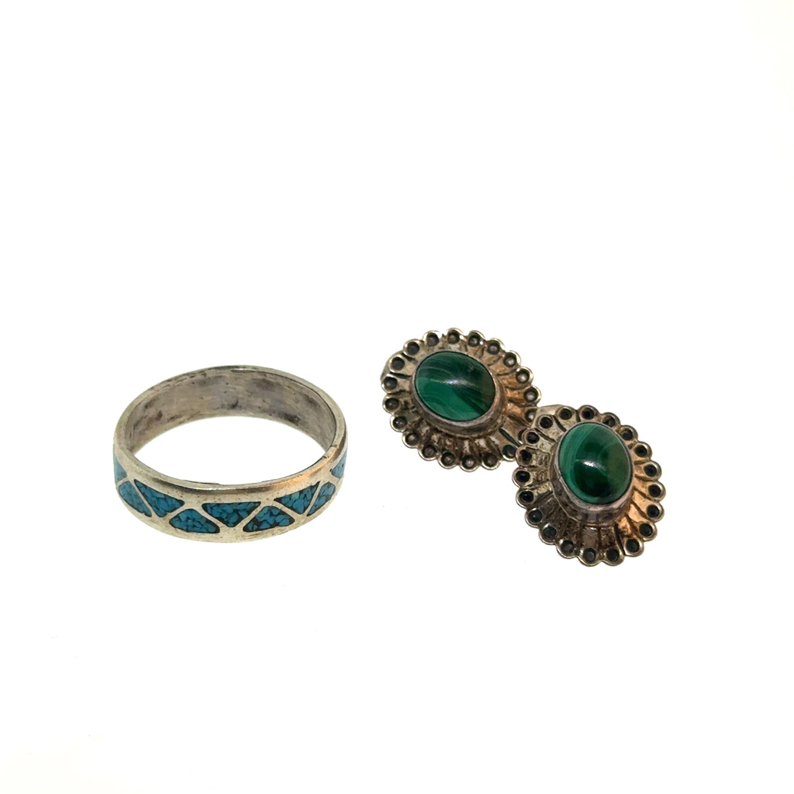 Sterling and Turquoise Ring Size 11 + Sterling Malachite Earrings: "This is a continuation of our Pro Jeweler's Estate auctions. This auction includes his personal bolo tie collection as well as several of his own art jewelry pieces. There are other Southwest styled 