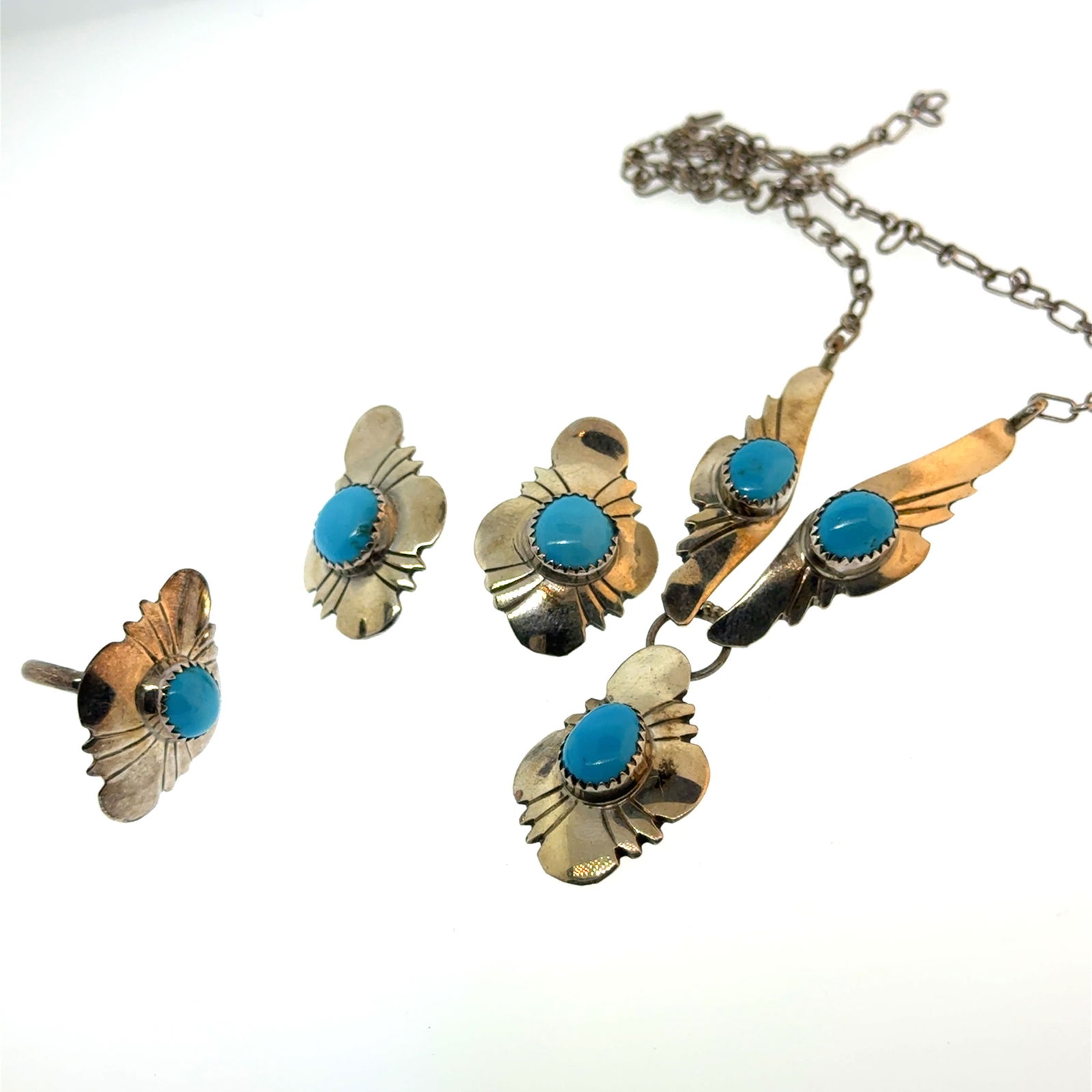 Navajo Sterling and Turquoise Set - Ring Size 5, Earrings, Necklace Signed EDE (1 of 5)