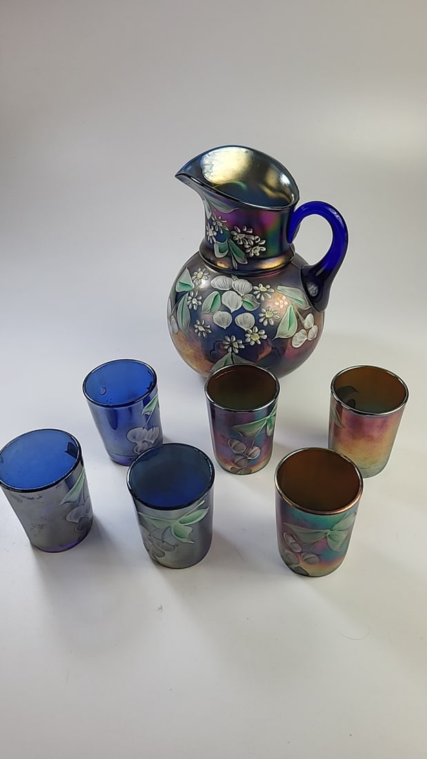 Fenton Carnival Glass Painted Pitcher and Glasses: This auction contains a wide range of vintage estate items and collectibles all sold with no reserve.Local pick up details will be provided at the end of the sale. In-house shipping is available at th
