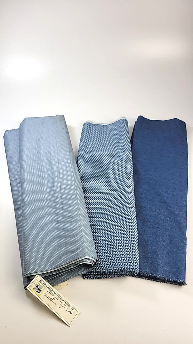 Vintage Cotton Fabric Blue Sprectrum #2 Mini Dots Etc About 12 Yards Or So Total Here: Large assortment of vintage fabric from an estate. Fabric is described as per the bolt it is on and measurements are approximate based on the updated bolt markings and counting wraps.Local pick up is