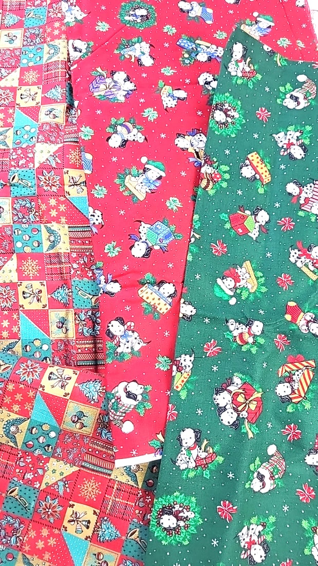 Joan Kessler For Concord Fabrics Christmas Cotton Trio 8 yds Dalmation Puppy Xmas: Large assortment of vintage fabric from an estate. Fabric is described as per the bolt it is on and measurements are approximate based on the updated bolt markings and counting wraps.Local pick up is 
