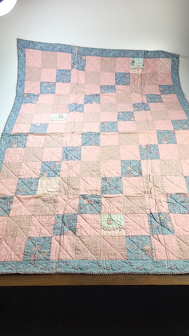 Vintage Quilt Cotton 50 X 37 Pink & Blue Squares Bunny & Chickens & Floral (1 of 4)