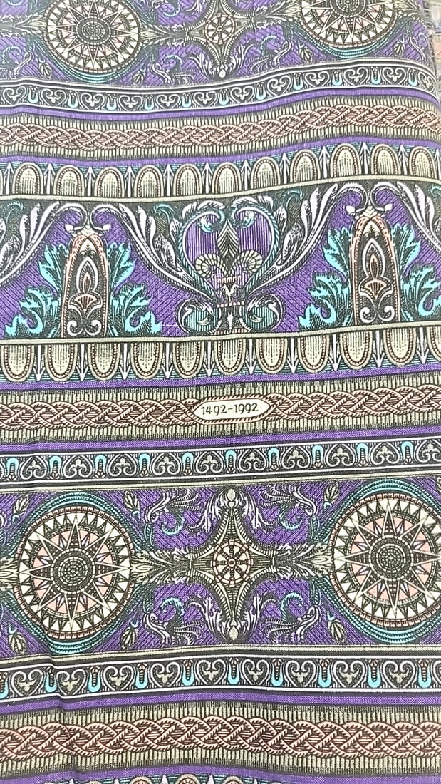 Discovery 1492 Commemorative Design by Jinny Beyer For RJR Fasion Fabrics Cotton About 5 Yards: Large assortment of vintage fabric from an estate. Fabric is described as per the bolt it is on and measurements are approximate based on the updated bolt markings and counting wraps.Local pick up is 