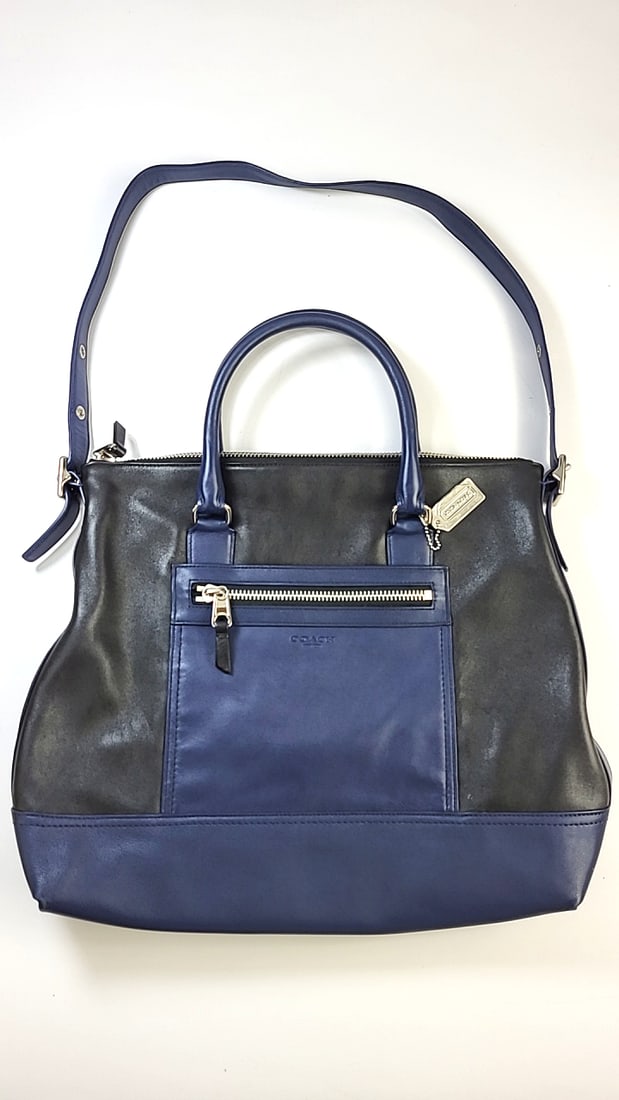 COACH Handbag Tote Blue Black Leather Medium Shoulder Bag Vintage (1 of 8)