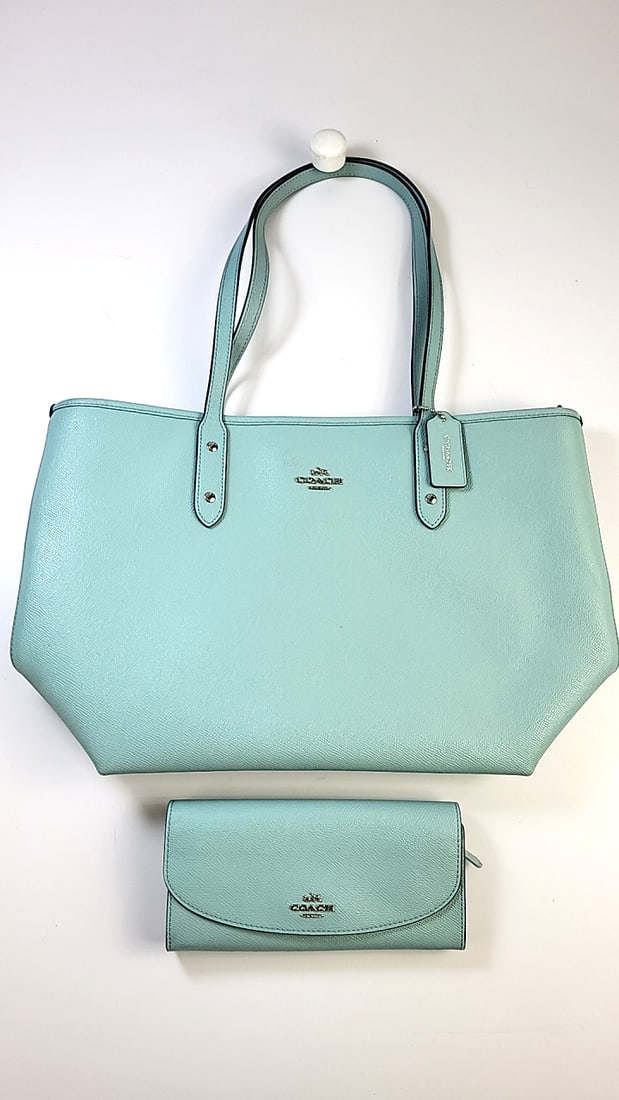 Coach City Tote & Wallet Set Light Blue Leather NWT Handbag Purse (1 of 11)