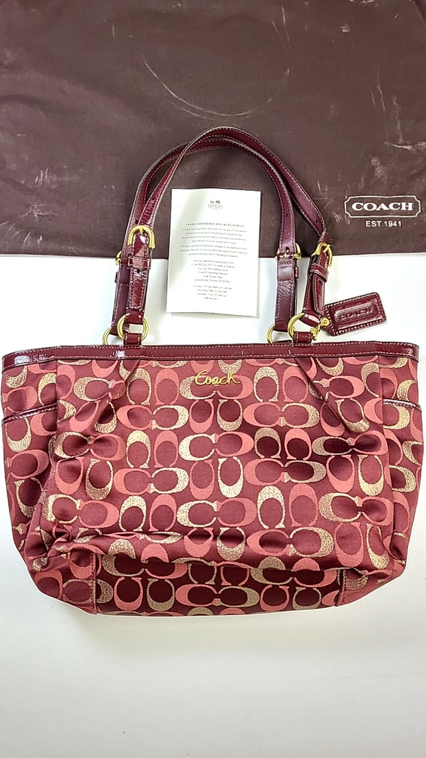 Coach Tote Bag Burgundy Signature Print Medium Size Leather Strap  with Dust Bag (1 of 6)