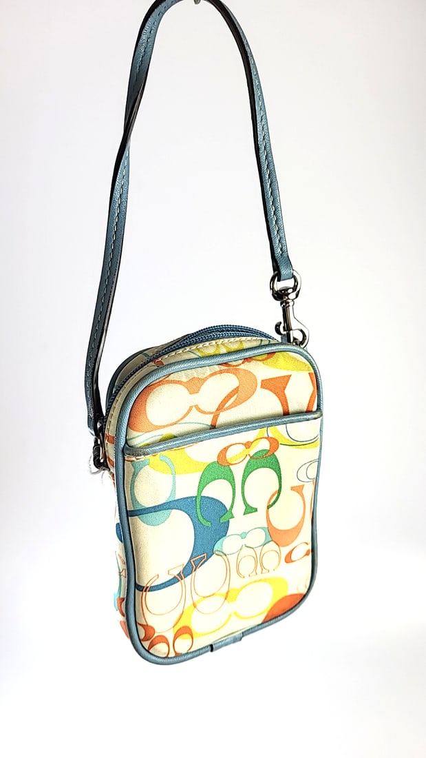 Coach Mini Cell Phone Holder Multicolor Pattern Blue Trim Needs Cleaning (1 of 6)