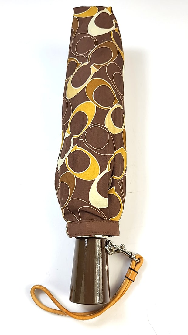 Coach Brown Patterned Compact Umbrella with Strap - (1 of 11)