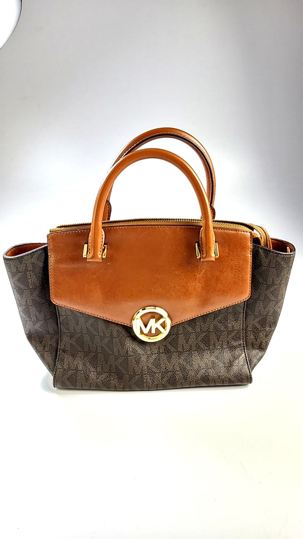 Michael Kors MK Monogram Tote Bag Brown Tan Leather Large Handbag Small Ink Marks (1 of 13)