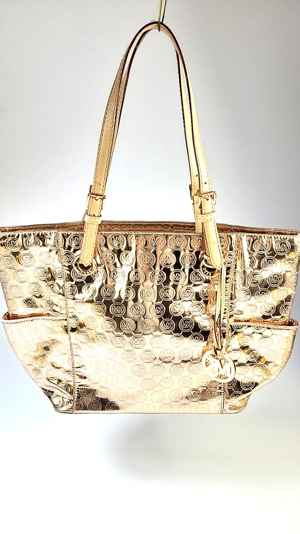 Michael Kors Metallic Pink Gold Tote Bag Large Shopper Handbag MK Logo (1 of 10)