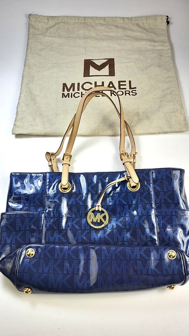 Michael Kors Jet Set Tote Bag Blue Monogram Medium Handbag with Dust Bag (1 of 7)