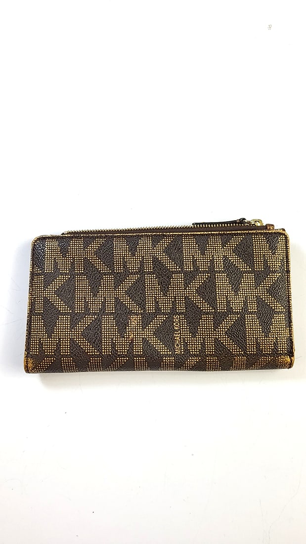 Michael Kors Jet Set Wallet Gold Brown Metalic MK Logo Large Zip-Around (1 of 7)
