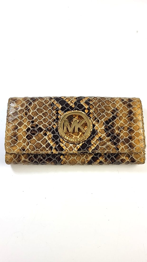 Michael Kors Snake Print Wallet Clutch Brown Gold MK Logo Flap Closure (1 of 9)