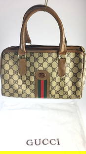 Gucci Vintage GG Monogram Canvas Brown Leather Satchel Handbag Small With Dust Bag: "This is an estate auction in Seattle WA featuring lady&#8217;s accessories and jewelry as well as other estate items.  Height: 7 Width: 12