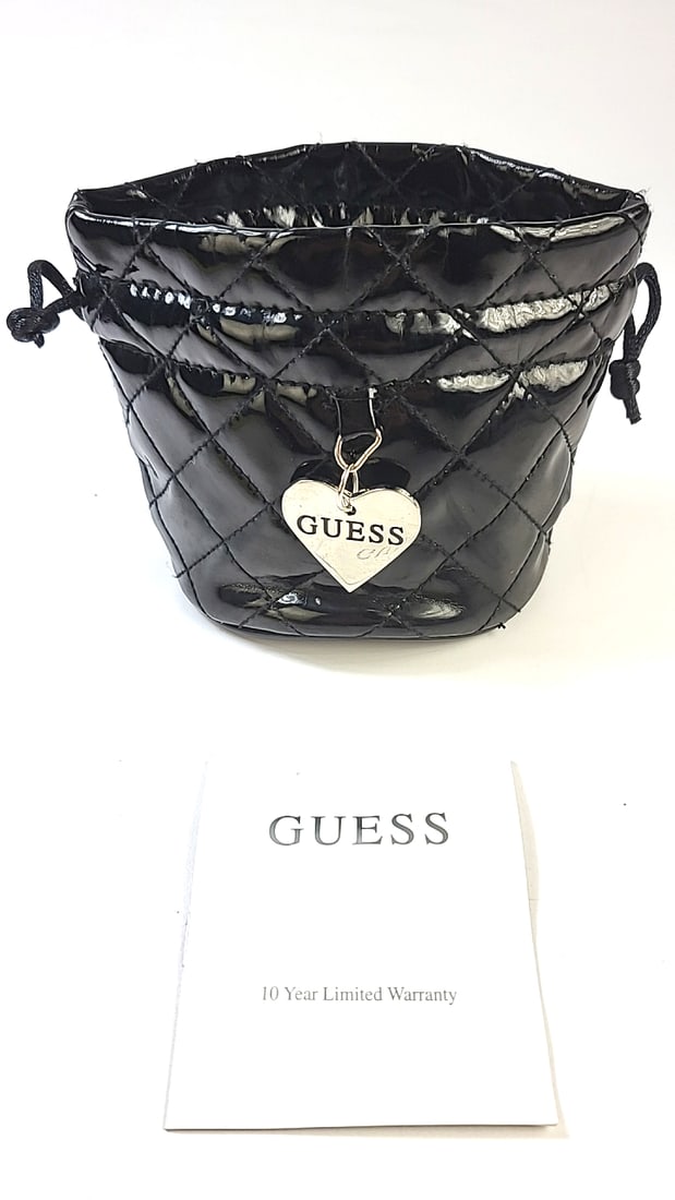 GUESS Black Quilted Patent Leather Drawstring Small Pouch Bag with Heart Tag (1 of 9)
